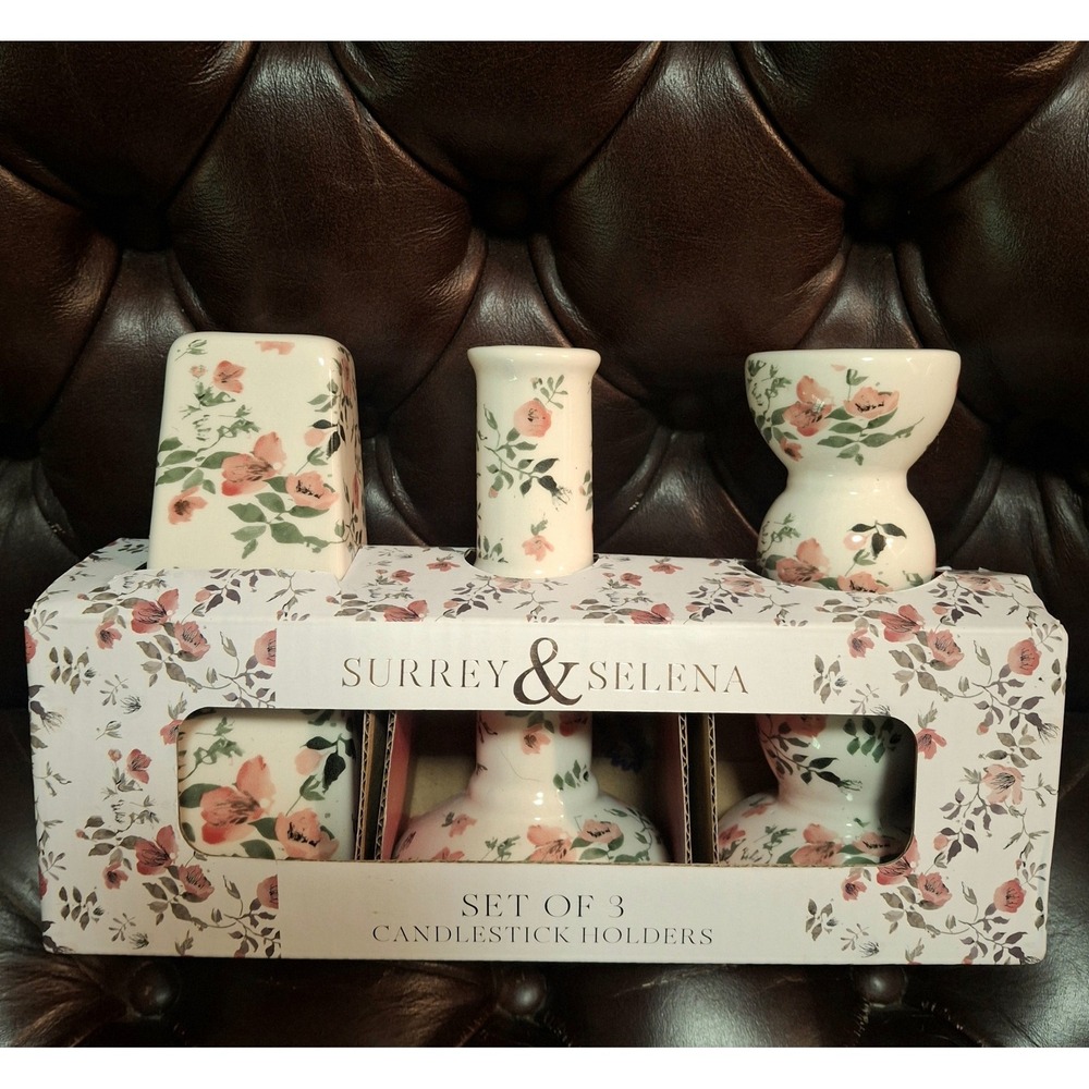 Surrey & Selena Floral Ceramic Candlestick Holder Set of 3NEW Pretty Cottagecore